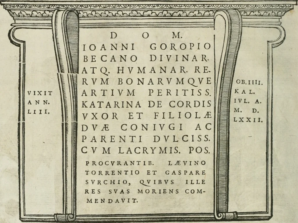 An illustration from Opera Ioan. Goropii Becani, hactenus in lucum non edita: nempe, Hermathena, Heiroglyphica, Vertumnus, Gallica, Francica, Hispanica, 1580, leaf 9
