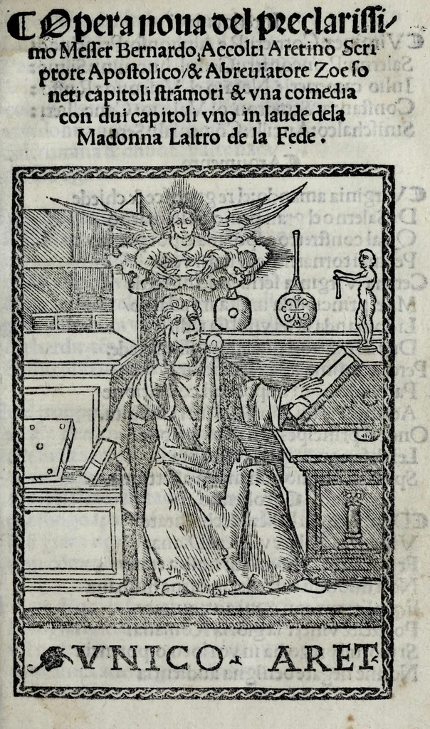 An illustration from Opera noua del preclarissimo messer Bernardo Accolti Aretino, scriptore apostolico & abreuiatore : zoe, soneti, capitoli, strãmoti, & vna comedia : con dui capitoli, vno in laude dela Madonna Laltro de la Fede, 1519, leaf 7