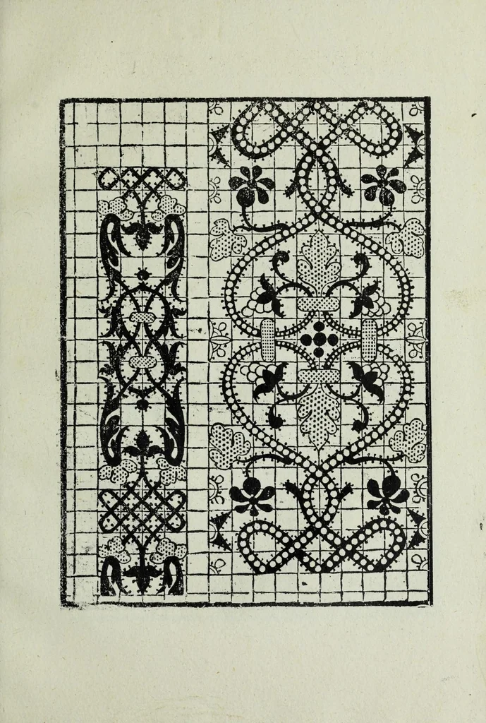 An illustration from Opera noua uniuersal intitulata corona di racammi : doue le venerande donne & fanciulle trouaran[n]o di varie opere p[er] fare colari di camisiola & torniamenti di letti e[n]temelle di cuscini boccasini, schufioni, cord[e]lli di piu sorte, et molte opere p[er] reccam[m]atori & p[er] dipintore & p[er] oreuesi de le quale opere o vero esempli ciascuno le potra pore in opera seco[n]do el suo bisogno, 1878, leaf 43