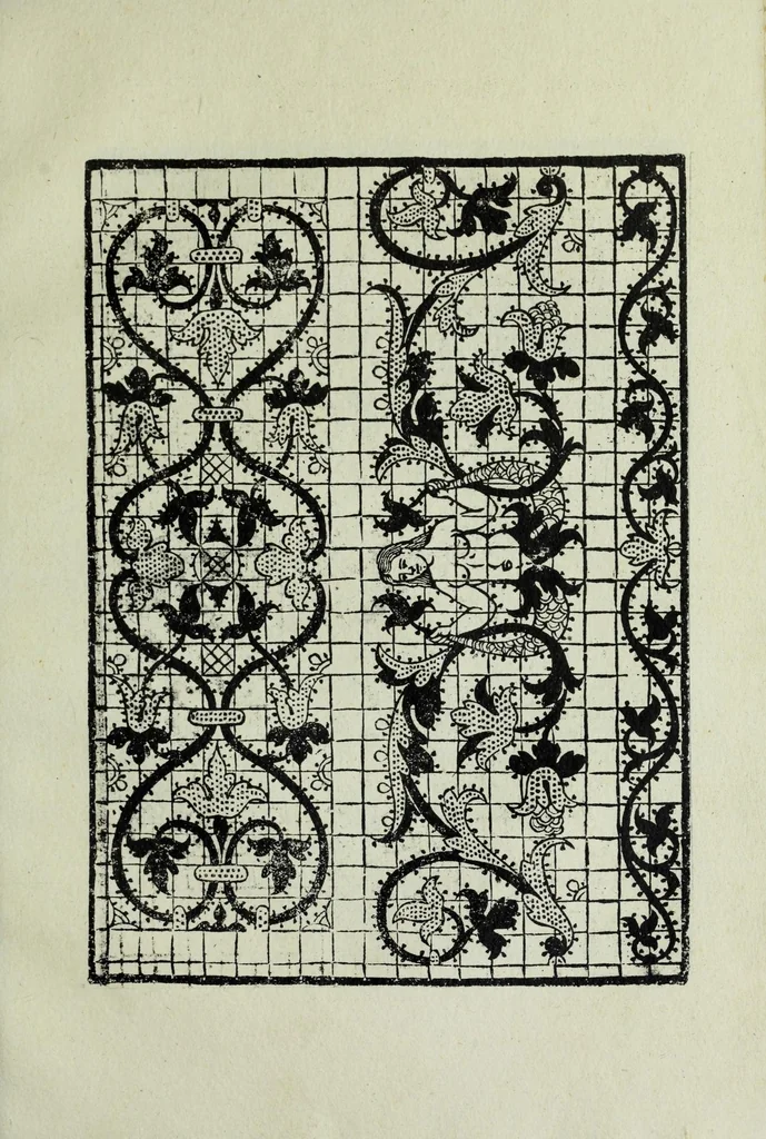 An illustration from Opera noua uniuersal intitulata corona di racammi : doue le venerande donne & fanciulle trouaran[n]o di varie opere p[er] fare colari di camisiola & torniamenti di letti e[n]temelle di cuscini boccasini, schufioni, cord[e]lli di piu sorte, et molte opere p[er] reccam[m]atori & p[er] dipintore & p[er] oreuesi de le quale opere o vero esempli ciascuno le potra pore in opera seco[n]do el suo bisogno, 1878, leaf 51