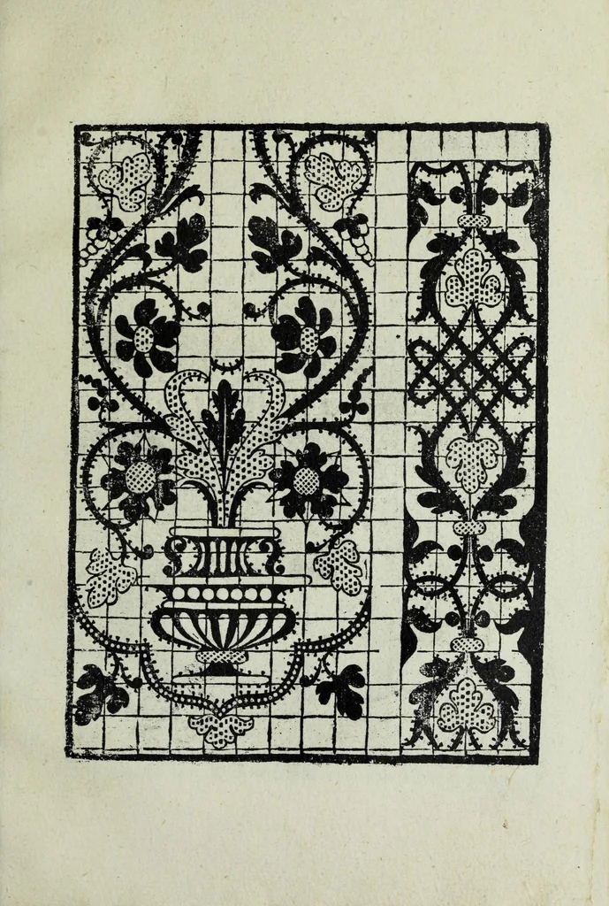 An illustration from Opera noua uniuersal intitulata corona di racammi : doue le venerande donne & fanciulle trouaran[n]o di varie opere p[er] fare colari di camisiola & torniamenti di letti e[n]temelle di cuscini boccasini, schufioni, cord[e]lli di piu sorte, et molte opere p[er] reccam[m]atori & p[er] dipintore & p[er] oreuesi de le quale opere o vero esempli ciascuno le potra pore in opera seco[n]do el suo bisogno, 1878, leaf 55