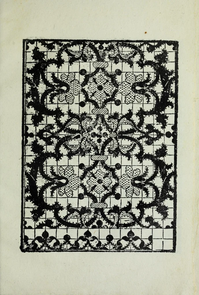 An illustration from Opera noua uniuersal intitulata corona di racammi : doue le venerande donne & fanciulle trouaran[n]o di varie opere p[er] fare colari di camisiola & torniamenti di letti e[n]temelle di cuscini boccasini, schufioni, cord[e]lli di piu sorte, et molte opere p[er] reccam[m]atori & p[er] dipintore & p[er] oreuesi de le quale opere o vero esempli ciascuno le potra pore in opera seco[n]do el suo bisogno, 1878, leaf 59