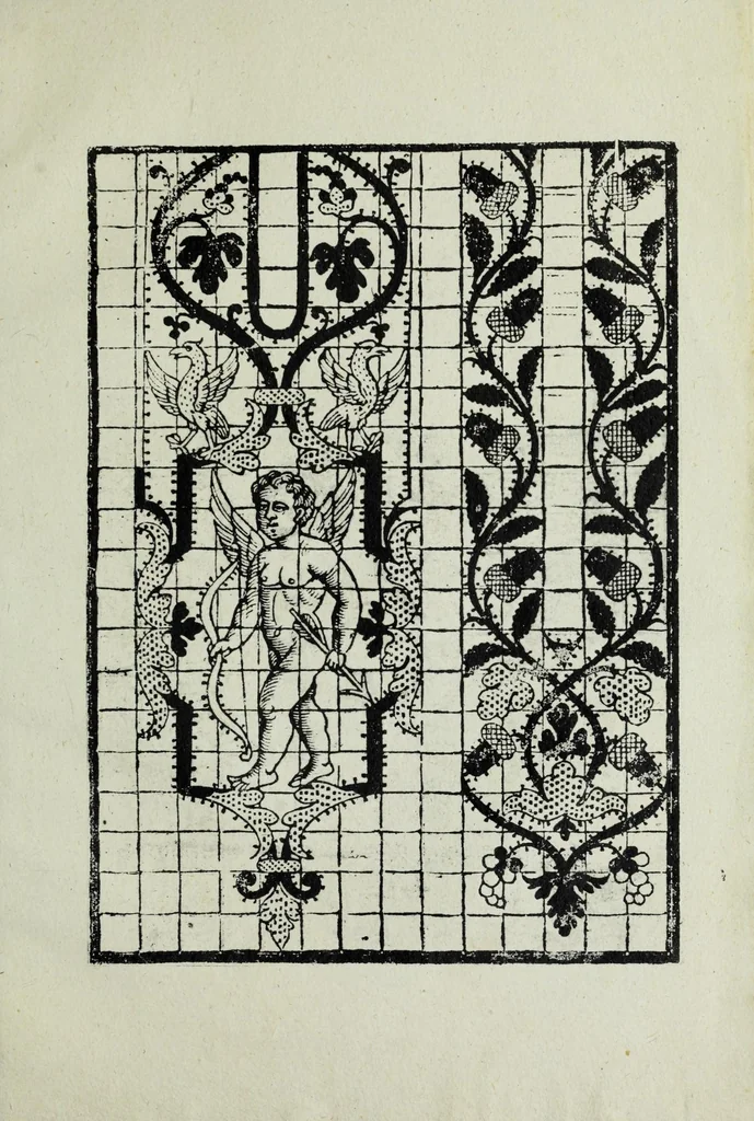 An illustration from Opera noua uniuersal intitulata corona di racammi : doue le venerande donne & fanciulle trouaran[n]o di varie opere p[er] fare colari di camisiola & torniamenti di letti e[n]temelle di cuscini boccasini, schufioni, cord[e]lli di piu sorte, et molte opere p[er] reccam[m]atori & p[er] dipintore & p[er] oreuesi de le quale opere o vero esempli ciascuno le potra pore in opera seco[n]do el suo bisogno, 1878, leaf 63