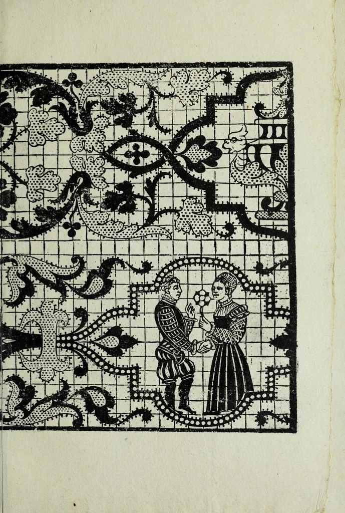 An illustration from Opera noua uniuersal intitulata corona di racammi : doue le venerande donne & fanciulle trouaran[n]o di varie opere p[er] fare colari di camisiola & torniamenti di letti e[n]temelle di cuscini boccasini, schufioni, cord[e]lli di piu sorte, et molte opere p[er] reccam[m]atori & p[er] dipintore & p[er] oreuesi de le quale opere o vero esempli ciascuno le potra pore in opera seco[n]do el suo bisogno, 1878, leaf 67