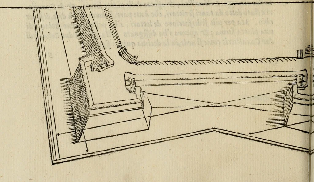 An illustration from Opera nvova di fortificare, offendere et difendere : et far gli alloggiamenti campali, secondo l'uso di guerra : aggiontovi nel fine vn trattato de gl'essamini de' bombardieri, & di far fuochi arteficiati : cosa molto vtile e dilettevole, 1564, leaf 105