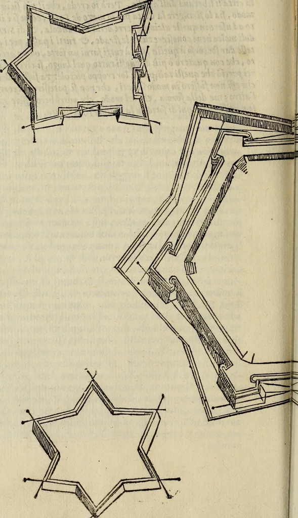 An illustration from Opera nvova di fortificare, offendere et difendere : et far gli alloggiamenti campali, secondo l'uso di guerra : aggiontovi nel fine vn trattato de gl'essamini de' bombardieri, & di far fuochi arteficiati : cosa molto vtile e dilettevole, 1564, leaf 113