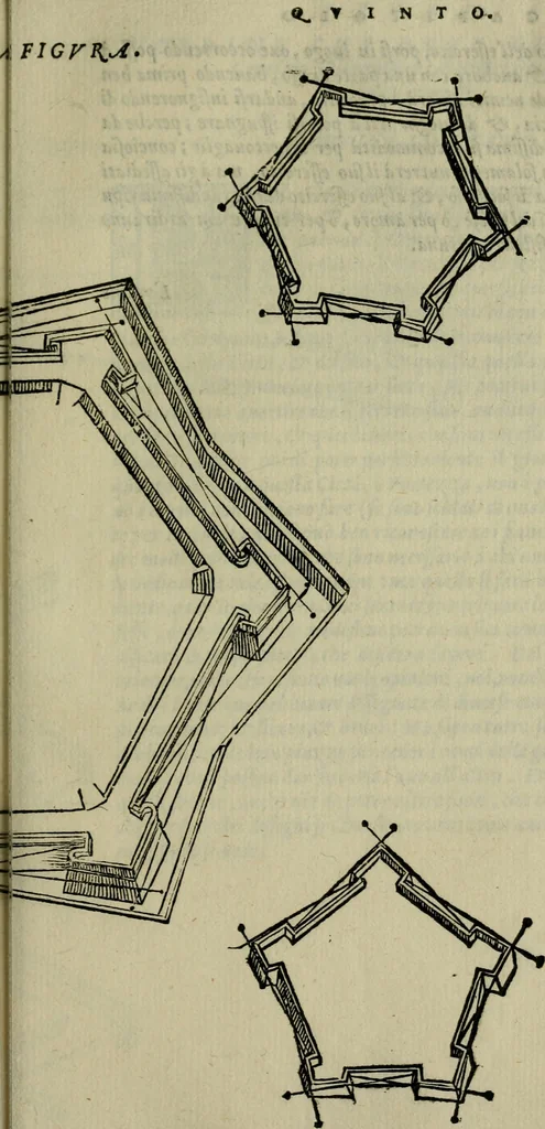An illustration from Opera nvova di fortificare, offendere et difendere : et far gli alloggiamenti campali, secondo l'uso di guerra : aggiontovi nel fine vn trattato de gl'essamini de' bombardieri, & di far fuochi arteficiati : cosa molto vtile e dilettevole, 1564, leaf 114