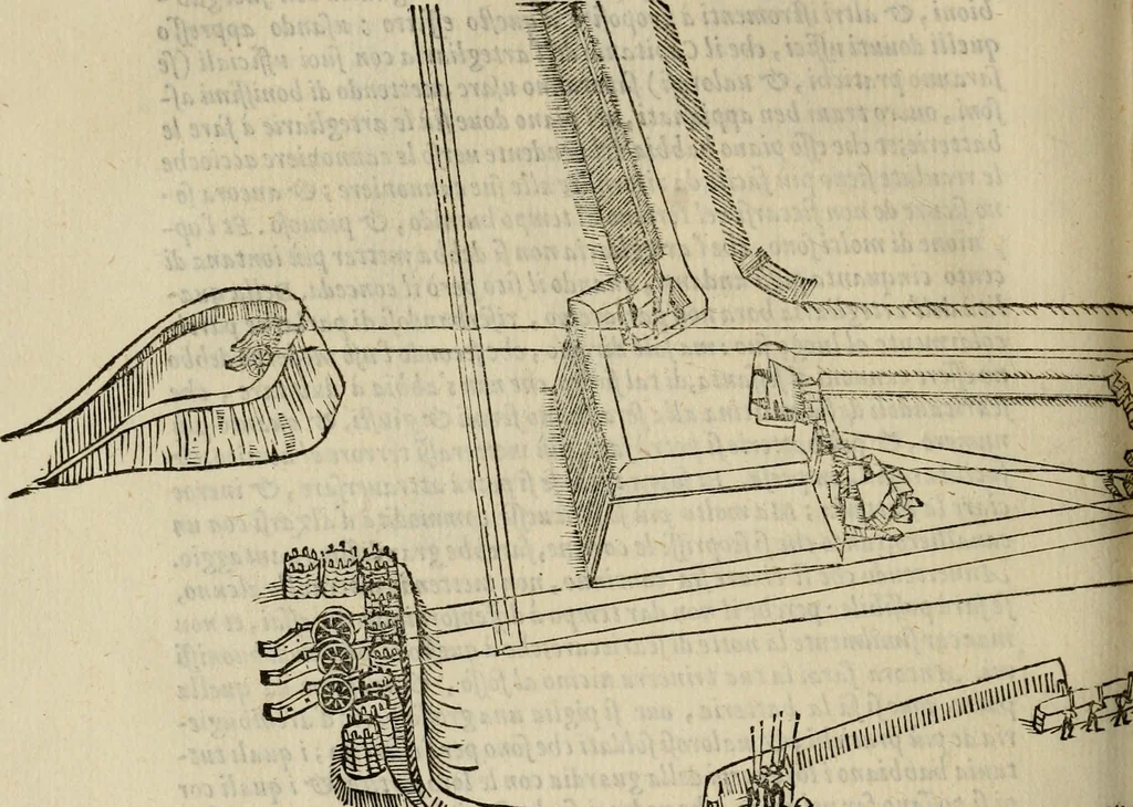 An illustration from Opera nvova di fortificare, offendere et difendere : et far gli alloggiamenti campali, secondo l'uso di guerra : aggiontovi nel fine vn trattato de gl'essamini de' bombardieri, & di far fuochi arteficiati : cosa molto vtile e dilettevole, 1564, leaf 121