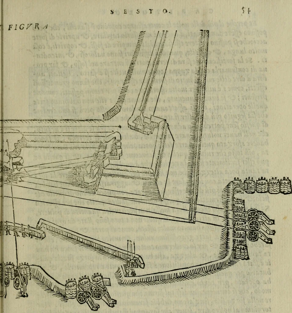 An illustration from Opera nvova di fortificare, offendere et difendere : et far gli alloggiamenti campali, secondo l'uso di guerra : aggiontovi nel fine vn trattato de gl'essamini de' bombardieri, & di far fuochi arteficiati : cosa molto vtile e dilettevole, 1564, leaf 122