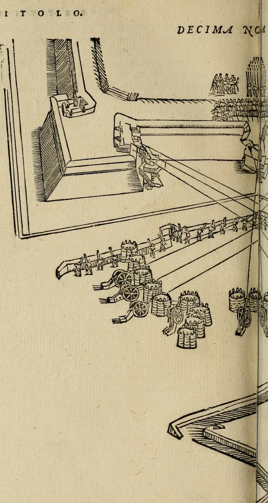 An illustration from Opera nvova di fortificare, offendere et difendere : et far gli alloggiamenti campali, secondo l'uso di guerra : aggiontovi nel fine vn trattato de gl'essamini de' bombardieri, & di far fuochi arteficiati : cosa molto vtile e dilettevole, 1564, leaf 129