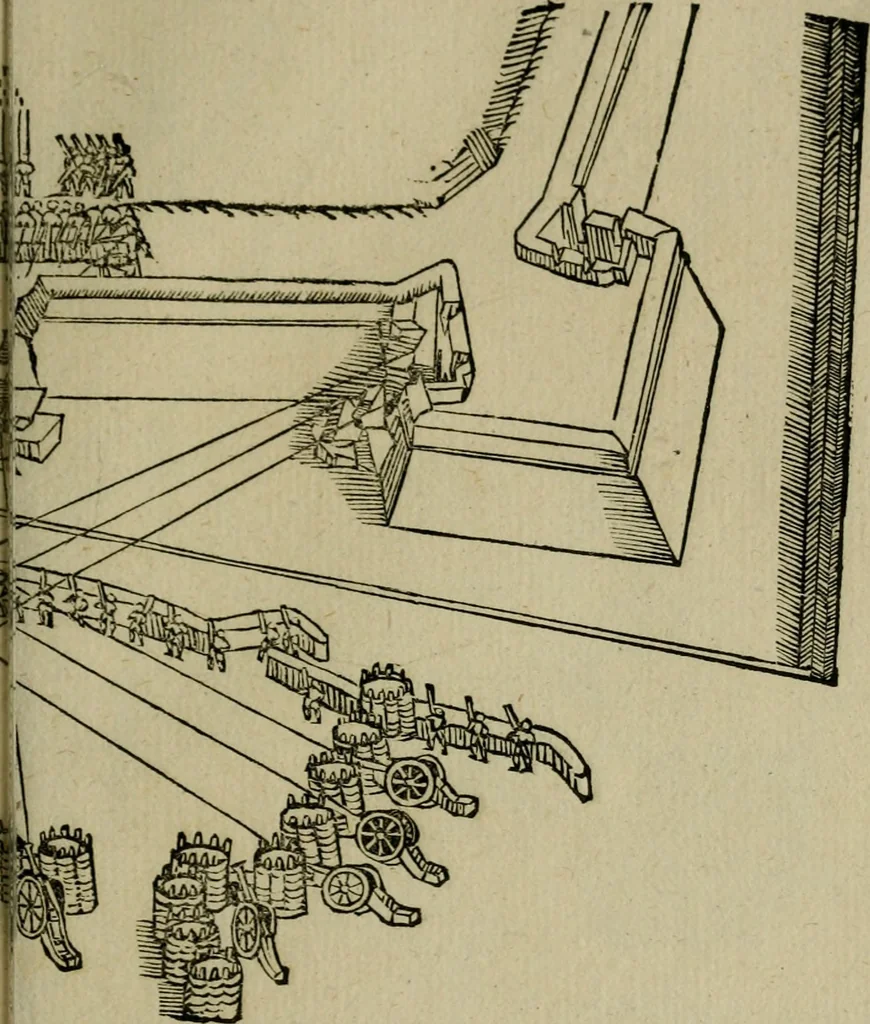 An illustration from Opera nvova di fortificare, offendere et difendere : et far gli alloggiamenti campali, secondo l'uso di guerra : aggiontovi nel fine vn trattato de gl'essamini de' bombardieri, & di far fuochi arteficiati : cosa molto vtile e dilettevole, 1564, leaf 130
