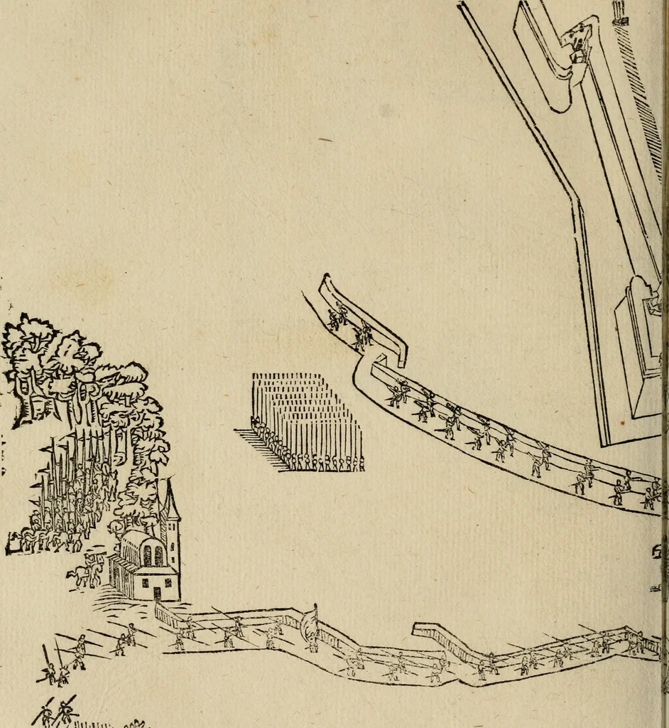 An illustration from Opera nvova di fortificare, offendere et difendere : et far gli alloggiamenti campali, secondo l'uso di guerra : aggiontovi nel fine vn trattato de gl'essamini de' bombardieri, & di far fuochi arteficiati : cosa molto vtile e dilettevole, 1564, leaf 133