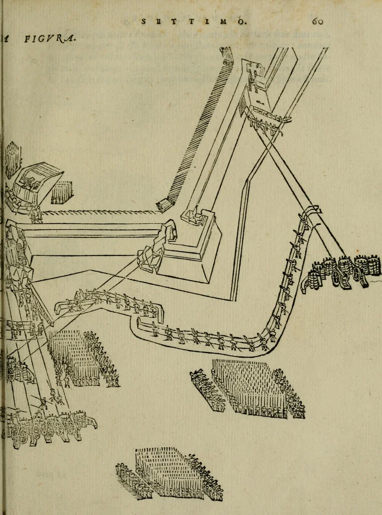 An illustration from Opera nvova di fortificare, offendere et difendere : et far gli alloggiamenti campali, secondo l'uso di guerra : aggiontovi nel fine vn trattato de gl'essamini de' bombardieri, & di far fuochi arteficiati : cosa molto vtile e dilettevole, 1564, leaf 134