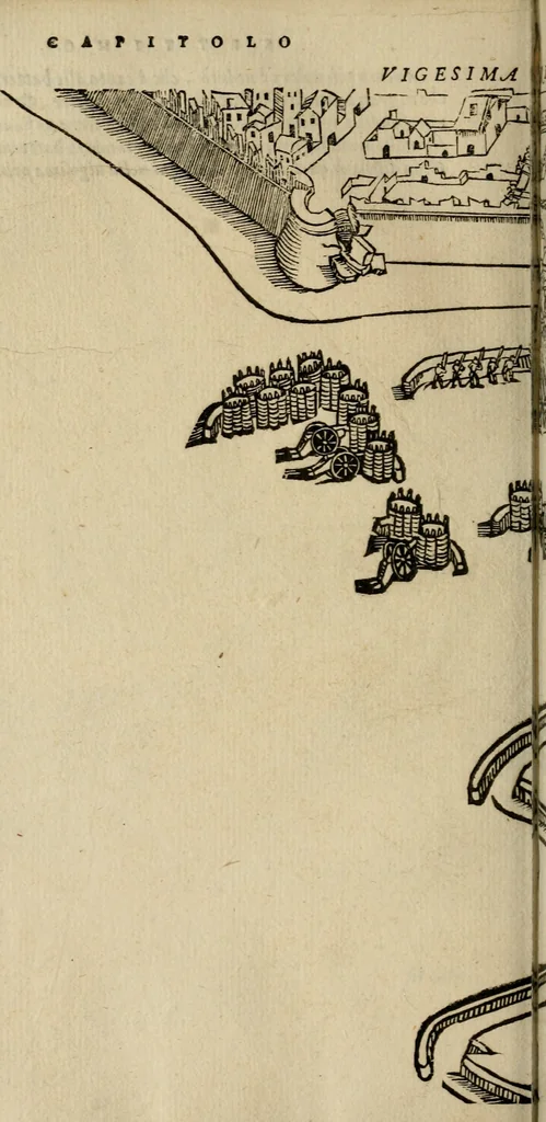 An illustration from Opera nvova di fortificare, offendere et difendere : et far gli alloggiamenti campali, secondo l'uso di guerra : aggiontovi nel fine vn trattato de gl'essamini de' bombardieri, & di far fuochi arteficiati : cosa molto vtile e dilettevole, 1564, leaf 137