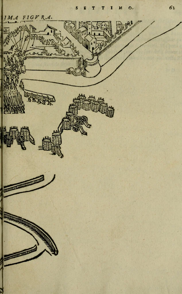 An illustration from Opera nvova di fortificare, offendere et difendere : et far gli alloggiamenti campali, secondo l'uso di guerra : aggiontovi nel fine vn trattato de gl'essamini de' bombardieri, & di far fuochi arteficiati : cosa molto vtile e dilettevole, 1564, leaf 138