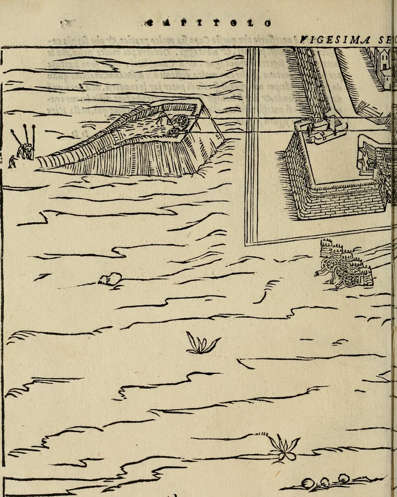 An illustration from Opera nvova di fortificare, offendere et difendere : et far gli alloggiamenti campali, secondo l'uso di guerra : aggiontovi nel fine vn trattato de gl'essamini de' bombardieri, & di far fuochi arteficiati : cosa molto vtile e dilettevole, 1564, leaf 141