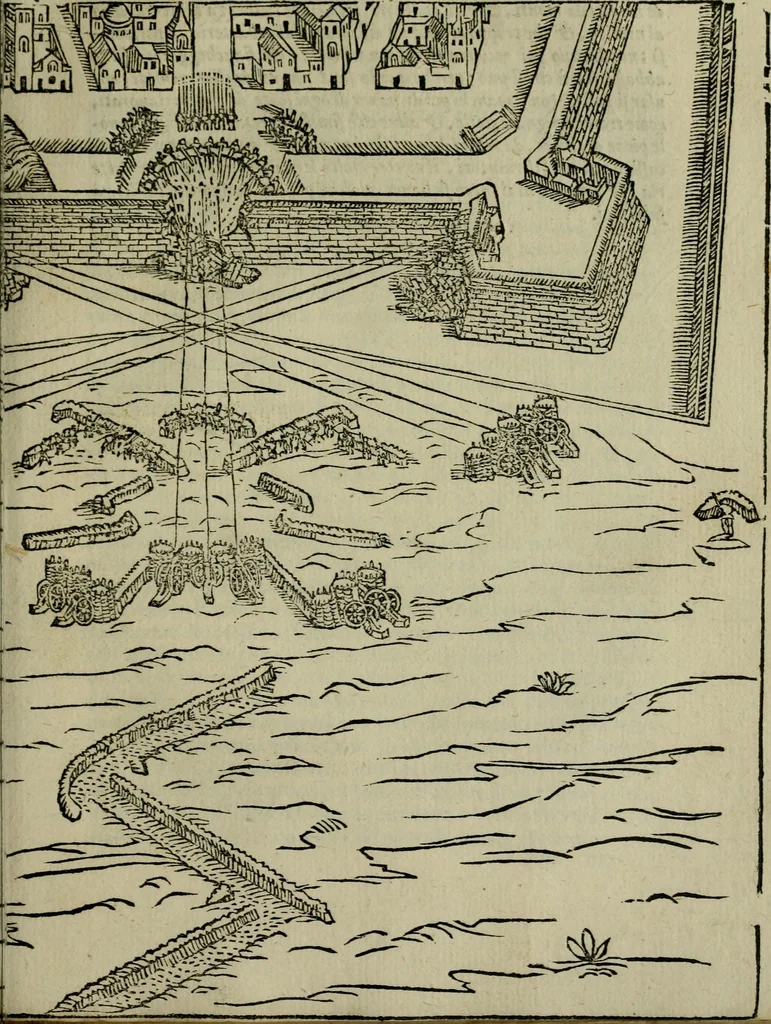 An illustration from Opera nvova di fortificare, offendere et difendere : et far gli alloggiamenti campali, secondo l'uso di guerra : aggiontovi nel fine vn trattato de gl'essamini de' bombardieri, & di far fuochi arteficiati : cosa molto vtile e dilettevole, 1564, leaf 142