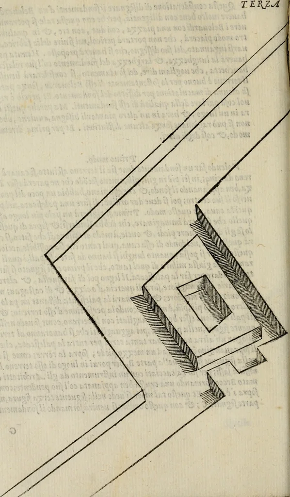 An illustration from Opera nvova di fortificare, offendere et difendere : et far gli alloggiamenti campali, secondo l'uso di guerra : aggiontovi nel fine vn trattato de gl'essamini de' bombardieri, & di far fuochi arteficiati : cosa molto vtile e dilettevole, 1564, leaf 57