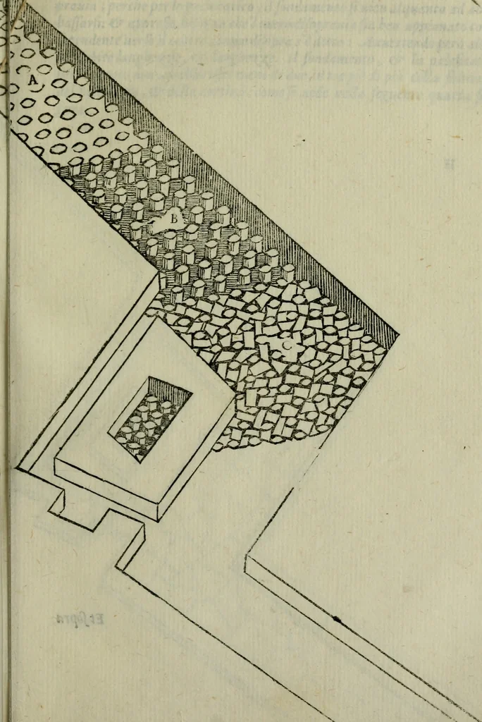 An illustration from Opera nvova di fortificare, offendere et difendere : et far gli alloggiamenti campali, secondo l'uso di guerra : aggiontovi nel fine vn trattato de gl'essamini de' bombardieri, & di far fuochi arteficiati : cosa molto vtile e dilettevole, 1564, leaf 58