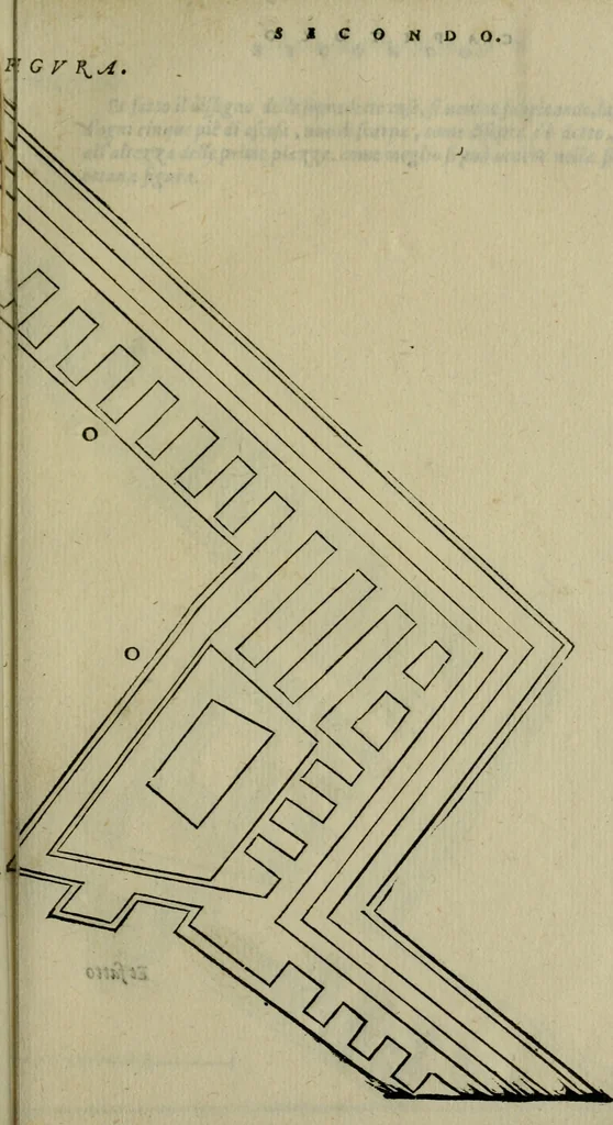 An illustration from Opera nvova di fortificare, offendere et difendere : et far gli alloggiamenti campali, secondo l'uso di guerra : aggiontovi nel fine vn trattato de gl'essamini de' bombardieri, & di far fuochi arteficiati : cosa molto vtile e dilettevole, 1564, leaf 74