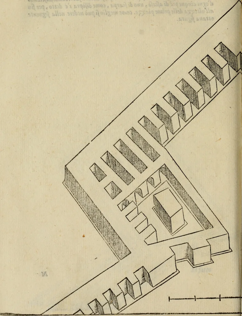 An illustration from Opera nvova di fortificare, offendere et difendere : et far gli alloggiamenti campali, secondo l'uso di guerra : aggiontovi nel fine vn trattato de gl'essamini de' bombardieri, & di far fuochi arteficiati : cosa molto vtile e dilettevole, 1564, leaf 77