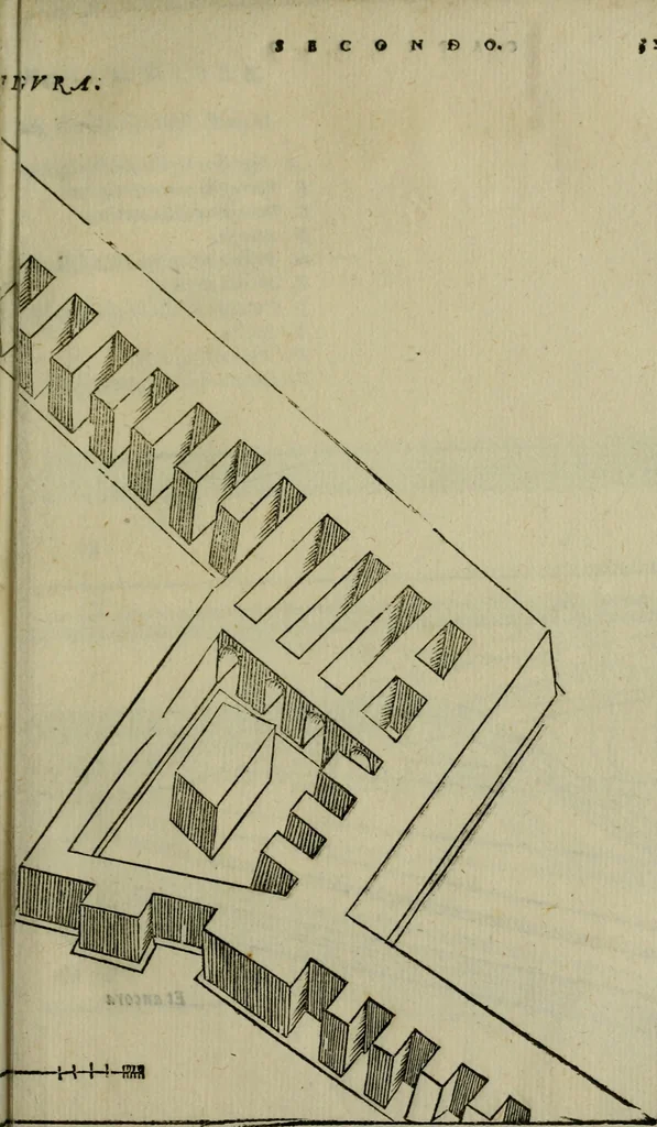 An illustration from Opera nvova di fortificare, offendere et difendere : et far gli alloggiamenti campali, secondo l'uso di guerra : aggiontovi nel fine vn trattato de gl'essamini de' bombardieri, & di far fuochi arteficiati : cosa molto vtile e dilettevole, 1564, leaf 78