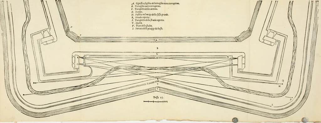 An illustration from Opera nvova di fortificare, offendere et difendere : et far gli alloggiamenti campali, secondo l'uso di guerra : aggiontovi nel fine vn trattato de gl'essamini de' bombardieri, & di far fuochi arteficiati : cosa molto vtile e dilettevole, 1564, leaf 81