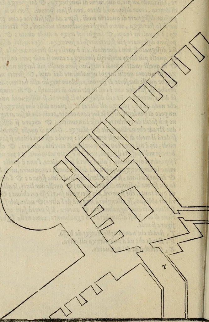 An illustration from Opera nvova di fortificare, offendere et difendere : et far gli alloggiamenti campali, secondo l'uso di guerra : aggiontovi nel fine vn trattato de gl'essamini de' bombardieri, & di far fuochi arteficiati : cosa molto vtile e dilettevole, 1564, leaf 83
