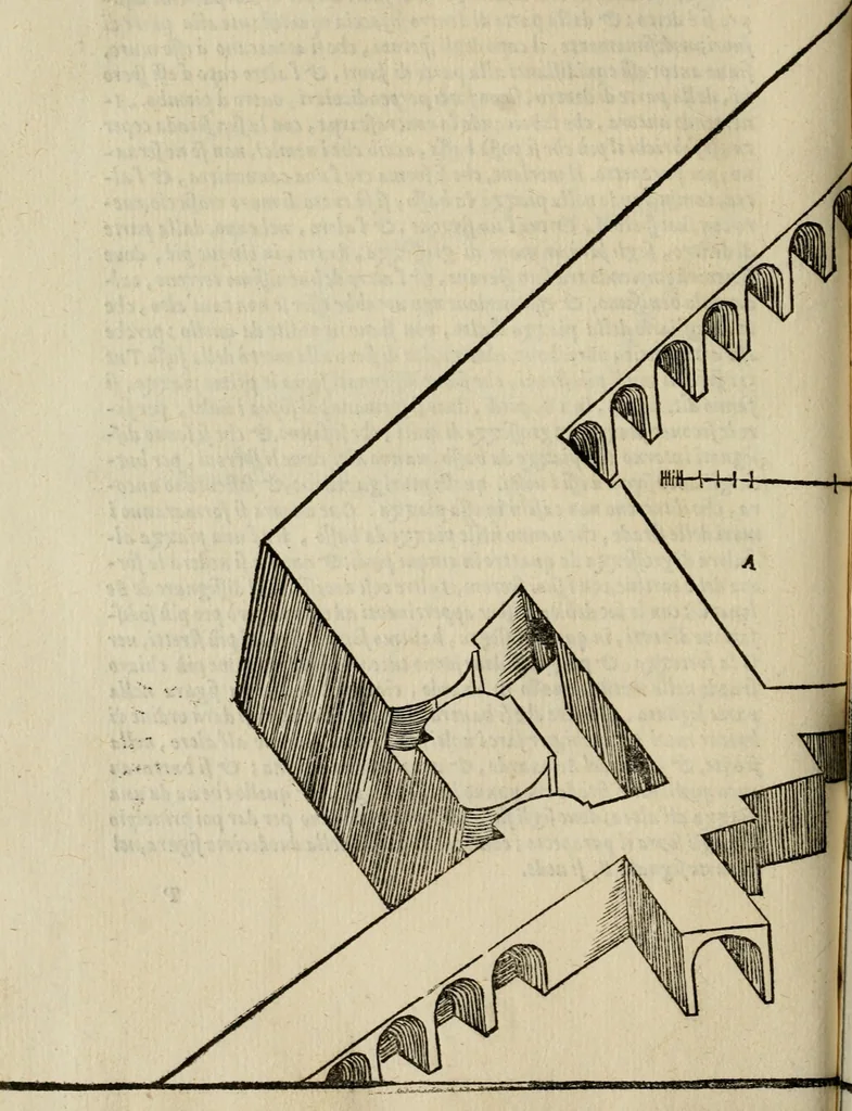 An illustration from Opera nvova di fortificare, offendere et difendere : et far gli alloggiamenti campali, secondo l'uso di guerra : aggiontovi nel fine vn trattato de gl'essamini de' bombardieri, & di far fuochi arteficiati : cosa molto vtile e dilettevole, 1564, leaf 93