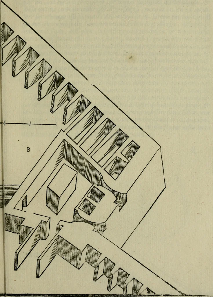 An illustration from Opera nvova di fortificare, offendere et difendere : et far gli alloggiamenti campali, secondo l'uso di guerra : aggiontovi nel fine vn trattato de gl'essamini de' bombardieri, & di far fuochi arteficiati : cosa molto vtile e dilettevole, 1564, leaf 94