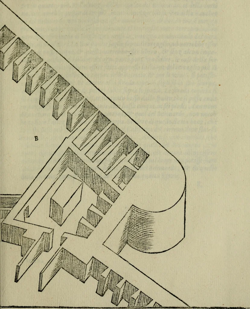 An illustration from Opera nvova di fortificare, offendere et difendere : et far gli alloggiamenti campali, secondo l'uso di guerra : aggiontovi nel fine vn trattato de gl'essamini de' bombardieri, & di far fuochi arteficiati : cosa molto vtile e dilettevole, 1564, leaf 98