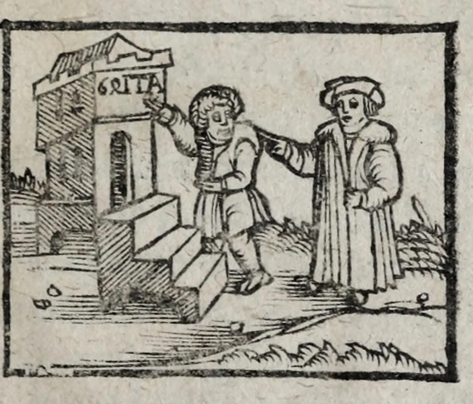An illustration from Opere scelte di Ferrante Pallavicino : cioè, Il diuortio celeste. Il corriero sualiggiato. La bacinata. Dialogo trà due soldati del duca di Parma. La rete di Vulcano. L'Anima, 1660, leaf 45