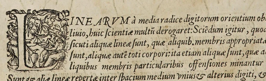 An illustration from Opus mathematicum octo libros complectens, : innumeris propemodum figuris idealibus manuum et physiognomiae, aliisque adornatum, quorum sex priores libri absolutissimae cheiromantiae theoricam, praxim, doctrinam, artem, & experientiam verissimam continent. Septimus physiognomiae dispositionem, hominʹumque omnium qualitates & complexiones. Octauus periaxiomata de faciebus signorum, & quid sol in vnaquaque domo existens, natis polliceatur. Remedia quoque omnium ægritudinum complectitur. Et naturalem astrologiam atq[ue] effectus lunae quoad diuersas ægritudines. Item isagogen astrologiæ iudiciariae, & totius diuinatricis artis encomia. Omnibus matheseos, cheiromantiae, philosophiae, & medicinæ studiosis vtiles ac necessarij., 1583, leaf 132