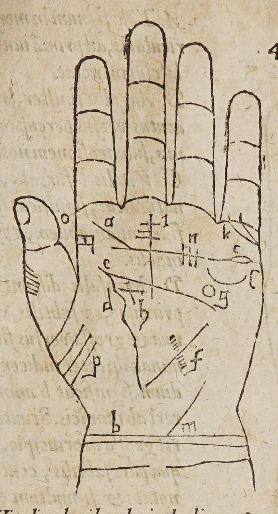 An illustration from Opus mathematicum octo libros complectens, : innumeris propemodum figuris idealibus manuum et physiognomiae, aliisque adornatum, quorum sex priores libri absolutissimae cheiromantiae theoricam, praxim, doctrinam, artem, & experientiam verissimam continent. Septimus physiognomiae dispositionem, hominʹumque omnium qualitates & complexiones. Octauus periaxiomata de faciebus signorum, & quid sol in vnaquaque domo existens, natis polliceatur. Remedia quoque omnium ægritudinum complectitur. Et naturalem astrologiam atq[ue] effectus lunae quoad diuersas ægritudines. Item isagogen astrologiæ iudiciariae, & totius diuinatricis artis encomia. Omnibus matheseos, cheiromantiae, philosophiae, & medicinæ studiosis vtiles ac necessarij., 1583, leaf 163