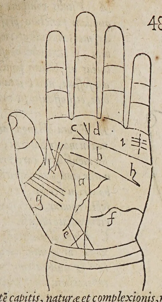An illustration from Opus mathematicum octo libros complectens, : innumeris propemodum figuris idealibus manuum et physiognomiae, aliisque adornatum, quorum sex priores libri absolutissimae cheiromantiae theoricam, praxim, doctrinam, artem, & experientiam verissimam continent. Septimus physiognomiae dispositionem, hominʹumque omnium qualitates & complexiones. Octauus periaxiomata de faciebus signorum, & quid sol in vnaquaque domo existens, natis polliceatur. Remedia quoque omnium ægritudinum complectitur. Et naturalem astrologiam atq[ue] effectus lunae quoad diuersas ægritudines. Item isagogen astrologiæ iudiciariae, & totius diuinatricis artis encomia. Omnibus matheseos, cheiromantiae, philosophiae, & medicinæ studiosis vtiles ac necessarij., 1583, leaf 207