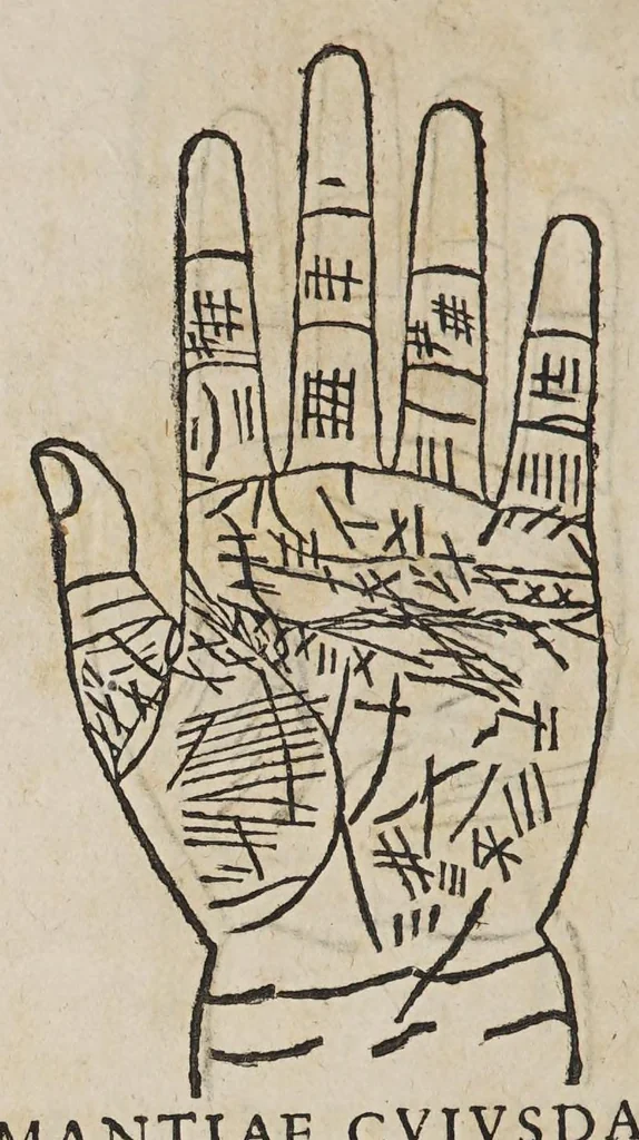 An illustration from Opus mathematicum octo libros complectens, : innumeris propemodum figuris idealibus manuum et physiognomiae, aliisque adornatum, quorum sex priores libri absolutissimae cheiromantiae theoricam, praxim, doctrinam, artem, & experientiam verissimam continent. Septimus physiognomiae dispositionem, hominʹumque omnium qualitates & complexiones. Octauus periaxiomata de faciebus signorum, & quid sol in vnaquaque domo existens, natis polliceatur. Remedia quoque omnium ægritudinum complectitur. Et naturalem astrologiam atq[ue] effectus lunae quoad diuersas ægritudines. Item isagogen astrologiæ iudiciariae, & totius diuinatricis artis encomia. Omnibus matheseos, cheiromantiae, philosophiae, & medicinæ studiosis vtiles ac necessarij., 1583, leaf 464