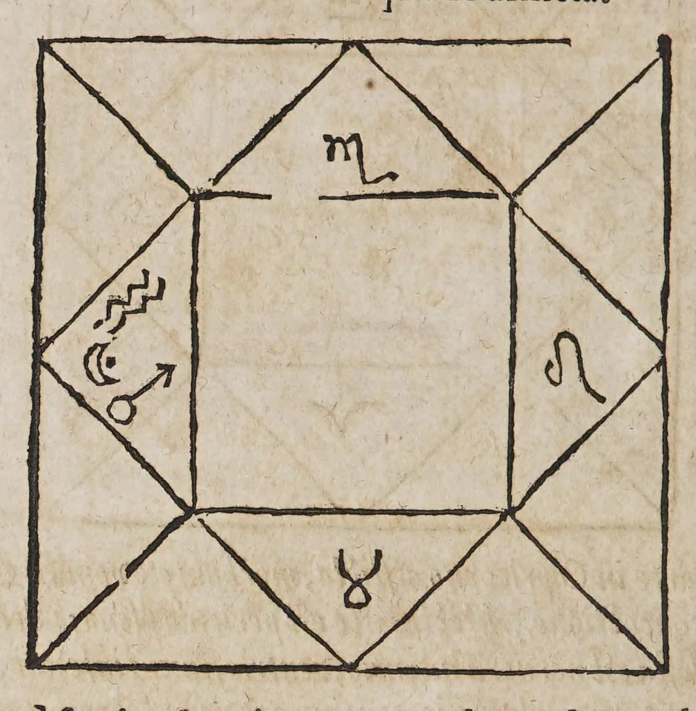 An illustration from Opus mathematicum octo libros complectens, : innumeris propemodum figuris idealibus manuum et physiognomiae, aliisque adornatum, quorum sex priores libri absolutissimae cheiromantiae theoricam, praxim, doctrinam, artem, & experientiam verissimam continent. Septimus physiognomiae dispositionem, hominʹumque omnium qualitates & complexiones. Octauus periaxiomata de faciebus signorum, & quid sol in vnaquaque domo existens, natis polliceatur. Remedia quoque omnium ægritudinum complectitur. Et naturalem astrologiam atq[ue] effectus lunae quoad diuersas ægritudines. Item isagogen astrologiæ iudiciariae, & totius diuinatricis artis encomia. Omnibus matheseos, cheiromantiae, philosophiae, & medicinæ studiosis vtiles ac necessarij., 1583, leaf 566