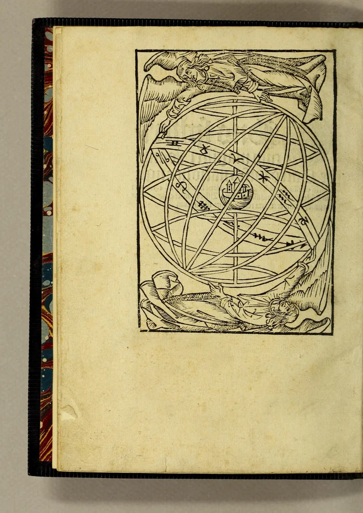 An illustration from Opus sphericum magistri Ioa[n]nis de Sacro busco natione angli figuris verissime exculptis et i[n]terp[re]tatione familiari ad co[m]moditatem desiderantiu[m] iucundissima artis astronomice callere principia pulcherrime et iterata recognitione illustratum, 1505, leaf 12