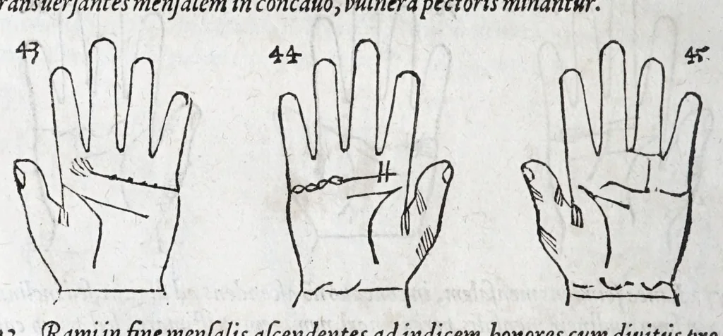 An illustration from Opvs mathematicvm octo libros complectens : innvmeris propemodvm figvris idealibvs manvvm et physiognomiae, aliisqve adornatvm, qvorvm sex priores libri absolutissimae cheiromantiae theoricam, praxim, doctrinam, artem, & experientiam verissimam continent : septimus physiognomiae dispositionem, hominumque omnium qualitates & complexiones : octauus periaxiomata de faciebus signorum, & quid sol in vnaquaque domo existens, natis polliceatur : remedia quoq; omnium aegritudinum complectitur : et naturalem astrologiam atq; effectus lunae quoad diuersas aegritudines : item isagogen astrologiae iudiciariae, & totius diuinatricis artis encomia ..., 1562, leaf 112
