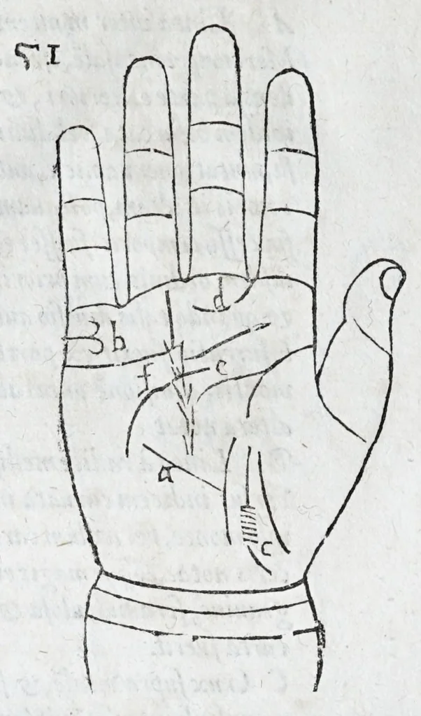 An illustration from Opvs mathematicvm octo libros complectens : innvmeris propemodvm figvris idealibvs manvvm et physiognomiae, aliisqve adornatvm, qvorvm sex priores libri absolutissimae cheiromantiae theoricam, praxim, doctrinam, artem, & experientiam verissimam continent : septimus physiognomiae dispositionem, hominumque omnium qualitates & complexiones : octauus periaxiomata de faciebus signorum, & quid sol in vnaquaque domo existens, natis polliceatur : remedia quoq; omnium aegritudinum complectitur : et naturalem astrologiam atq; effectus lunae quoad diuersas aegritudines : item isagogen astrologiae iudiciariae, & totius diuinatricis artis encomia ..., 1562, leaf 210