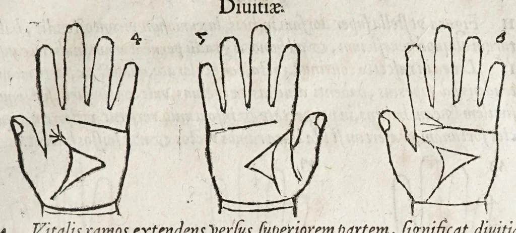An illustration from Opvs mathematicvm octo libros complectens : innvmeris propemodvm figvris idealibvs manvvm et physiognomiae, aliisqve adornatvm, qvorvm sex priores libri absolutissimae cheiromantiae theoricam, praxim, doctrinam, artem, & experientiam verissimam continent : septimus physiognomiae dispositionem, hominumque omnium qualitates & complexiones : octauus periaxiomata de faciebus signorum, & quid sol in vnaquaque domo existens, natis polliceatur : remedia quoq; omnium aegritudinum complectitur : et naturalem astrologiam atq; effectus lunae quoad diuersas aegritudines : item isagogen astrologiae iudiciariae, & totius diuinatricis artis encomia ..., 1562, leaf 229