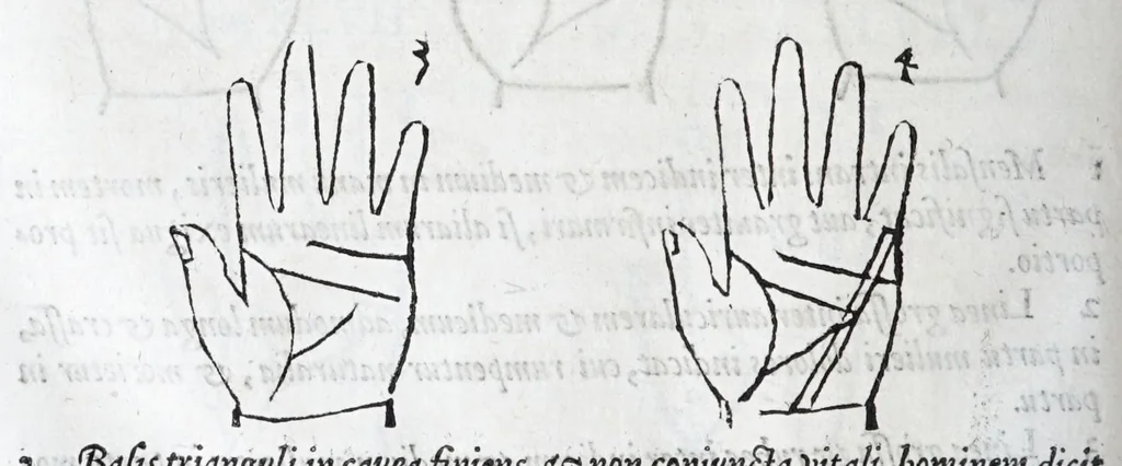 An illustration from Opvs mathematicvm octo libros complectens : innvmeris propemodvm figvris idealibvs manvvm et physiognomiae, aliisqve adornatvm, qvorvm sex priores libri absolutissimae cheiromantiae theoricam, praxim, doctrinam, artem, & experientiam verissimam continent : septimus physiognomiae dispositionem, hominumque omnium qualitates & complexiones : octauus periaxiomata de faciebus signorum, & quid sol in vnaquaque domo existens, natis polliceatur : remedia quoq; omnium aegritudinum complectitur : et naturalem astrologiam atq; effectus lunae quoad diuersas aegritudines : item isagogen astrologiae iudiciariae, & totius diuinatricis artis encomia ..., 1562, leaf 342