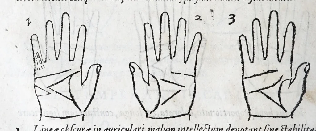 An illustration from Opvs mathematicvm octo libros complectens : innvmeris propemodvm figvris idealibvs manvvm et physiognomiae, aliisqve adornatvm, qvorvm sex priores libri absolutissimae cheiromantiae theoricam, praxim, doctrinam, artem, & experientiam verissimam continent : septimus physiognomiae dispositionem, hominumque omnium qualitates & complexiones : octauus periaxiomata de faciebus signorum, & quid sol in vnaquaque domo existens, natis polliceatur : remedia quoq; omnium aegritudinum complectitur : et naturalem astrologiam atq; effectus lunae quoad diuersas aegritudines : item isagogen astrologiae iudiciariae, & totius diuinatricis artis encomia ..., 1562, leaf 362