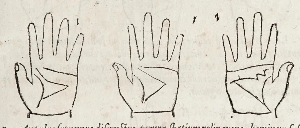 An illustration from Opvs mathematicvm octo libros complectens : innvmeris propemodvm figvris idealibvs manvvm et physiognomiae, aliisqve adornatvm, qvorvm sex priores libri absolutissimae cheiromantiae theoricam, praxim, doctrinam, artem, & experientiam verissimam continent : septimus physiognomiae dispositionem, hominumque omnium qualitates & complexiones : octauus periaxiomata de faciebus signorum, & quid sol in vnaquaque domo existens, natis polliceatur : remedia quoq; omnium aegritudinum complectitur : et naturalem astrologiam atq; effectus lunae quoad diuersas aegritudines : item isagogen astrologiae iudiciariae, & totius diuinatricis artis encomia ..., 1562, leaf 389