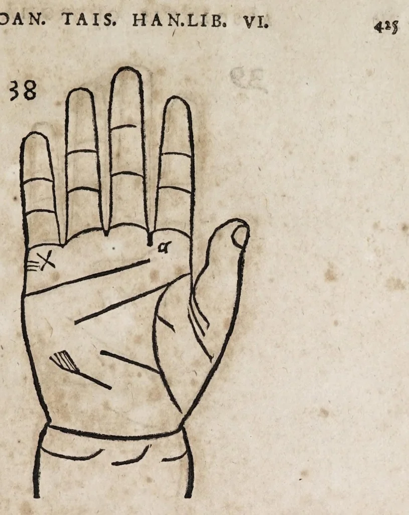 An illustration from Opvs mathematicvm octo libros complectens : innvmeris propemodvm figvris idealibvs manvvm et physiognomiae, aliisqve adornatvm, qvorvm sex priores libri absolutissimae cheiromantiae theoricam, praxim, doctrinam, artem, & experientiam verissimam continent : septimus physiognomiae dispositionem, hominumque omnium qualitates & complexiones : octauus periaxiomata de faciebus signorum, & quid sol in vnaquaque domo existens, natis polliceatur : remedia quoq; omnium aegritudinum complectitur : et naturalem astrologiam atq; effectus lunae quoad diuersas aegritudines : item isagogen astrologiae iudiciariae, & totius diuinatricis artis encomia ..., 1562, leaf 441