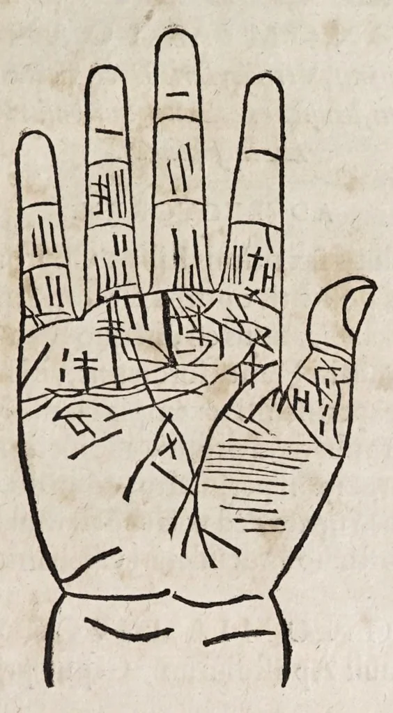 An illustration from Opvs mathematicvm octo libros complectens : innvmeris propemodvm figvris idealibvs manvvm et physiognomiae, aliisqve adornatvm, qvorvm sex priores libri absolutissimae cheiromantiae theoricam, praxim, doctrinam, artem, & experientiam verissimam continent : septimus physiognomiae dispositionem, hominumque omnium qualitates & complexiones : octauus periaxiomata de faciebus signorum, & quid sol in vnaquaque domo existens, natis polliceatur : remedia quoq; omnium aegritudinum complectitur : et naturalem astrologiam atq; effectus lunae quoad diuersas aegritudines : item isagogen astrologiae iudiciariae, & totius diuinatricis artis encomia ..., 1562, leaf 465