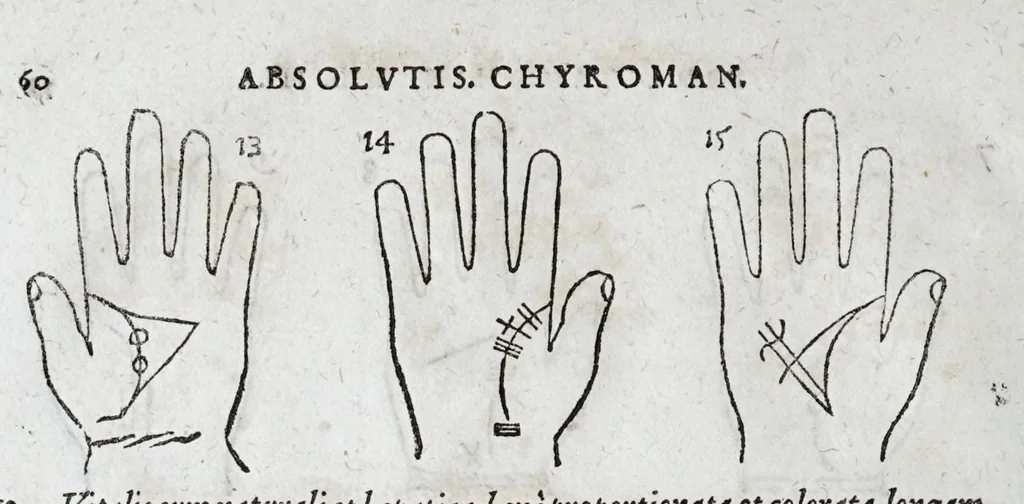 An illustration from Opvs mathematicvm octo libros complectens : innvmeris propemodvm figvris idealibvs manvvm et physiognomiae, aliisqve adornatvm, qvorvm sex priores libri absolutissimae cheiromantiae theoricam, praxim, doctrinam, artem, & experientiam verissimam continent : septimus physiognomiae dispositionem, hominumque omnium qualitates & complexiones : octauus periaxiomata de faciebus signorum, & quid sol in vnaquaque domo existens, natis polliceatur : remedia quoq; omnium aegritudinum complectitur : et naturalem astrologiam atq; effectus lunae quoad diuersas aegritudines : item isagogen astrologiae iudiciariae, & totius diuinatricis artis encomia ..., 1562, leaf 76