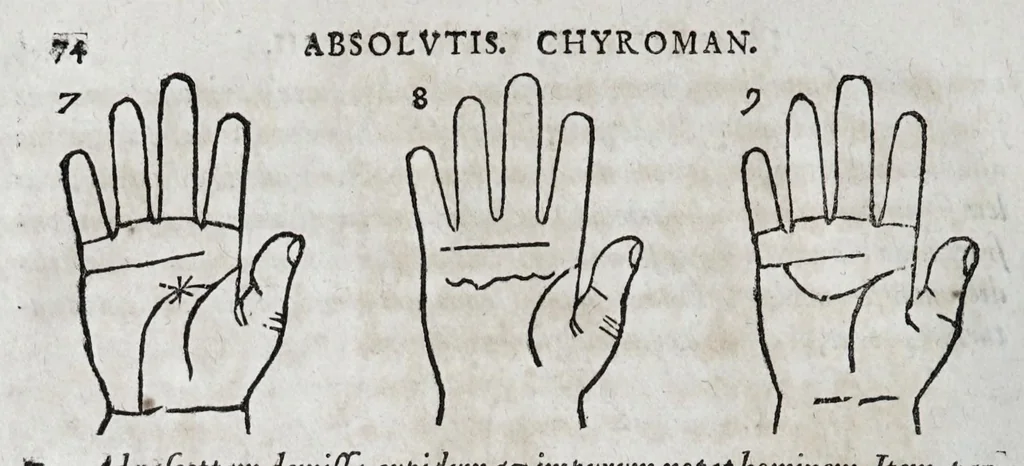 An illustration from Opvs mathematicvm octo libros complectens : innvmeris propemodvm figvris idealibvs manvvm et physiognomiae, aliisqve adornatvm, qvorvm sex priores libri absolutissimae cheiromantiae theoricam, praxim, doctrinam, artem, & experientiam verissimam continent : septimus physiognomiae dispositionem, hominumque omnium qualitates & complexiones : octauus periaxiomata de faciebus signorum, & quid sol in vnaquaque domo existens, natis polliceatur : remedia quoq; omnium aegritudinum complectitur : et naturalem astrologiam atq; effectus lunae quoad diuersas aegritudines : item isagogen astrologiae iudiciariae, & totius diuinatricis artis encomia ..., 1562, leaf 90