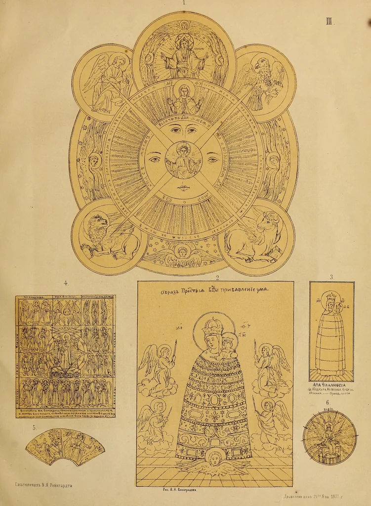 An illustration from Opyt sravnitelʹnago opisanīi͡a i obʺi͡asnenīi͡a ni͡ekotorykh simvolicheskikh ikon drevne-russkago iskusstva Aleksandra Vinogradova, 1877, leaf 45