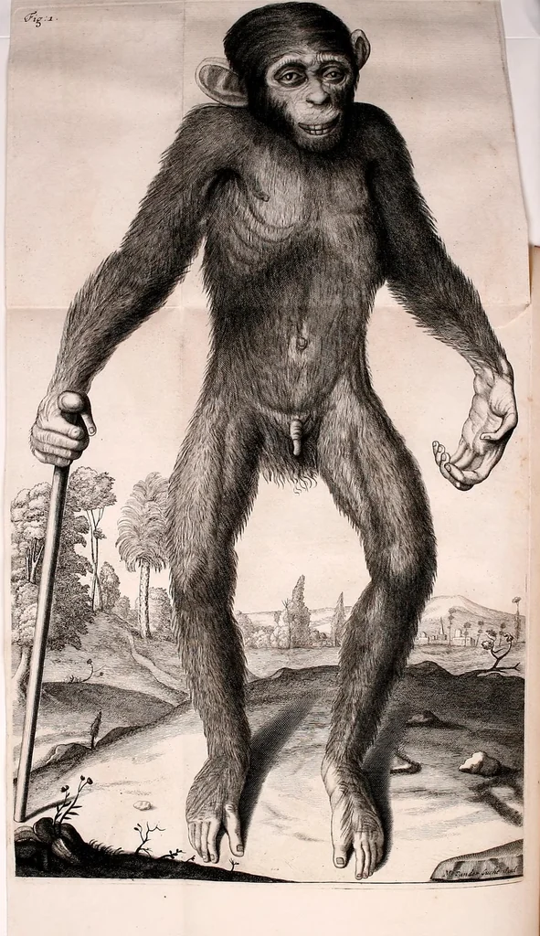 An illustration from Orang-outang, sive homo sylvestris: or, The anatomy of a pygmie compared with that of a monkey, an ape, and a man. To which is added, A philological essay concerning the pygmies, the cynocephali, the satyrs, and sphinges of the ancients. Wherein it will appear that they are all either apes or monkeys, and not men, as formerly pretended, 1699, leaf 116